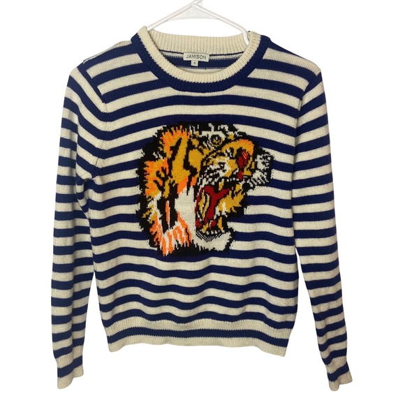 Jamison Sweaters - JAMISON Striped Tiger Face Knit Sweater Crew Neck Long Sleeve Size S